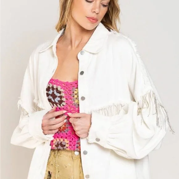 Veveret White Fringe Rhinestone Denim Tassel Jacket Size Large - Picture 3 of 16